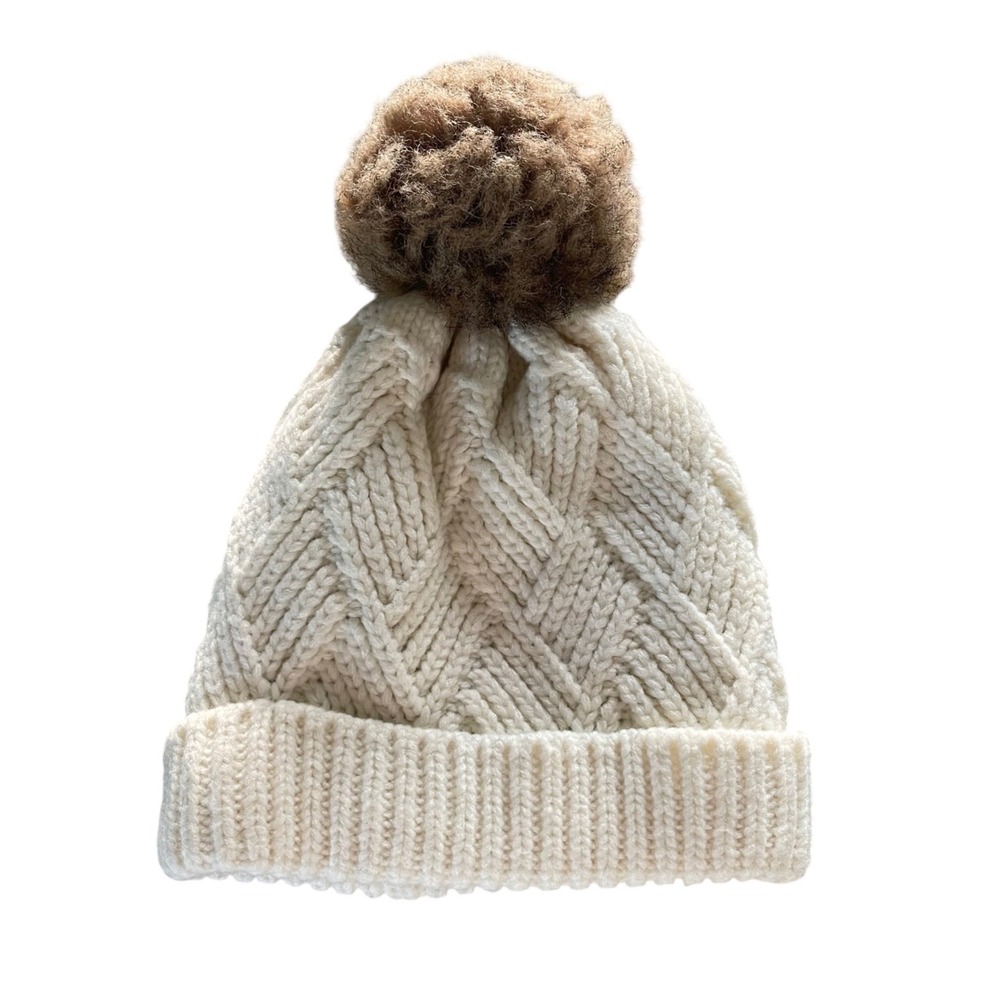 Unbranded Beanie Women OS Cream Wintercore Cable Knit Fleece Lined Faux Fur Pom